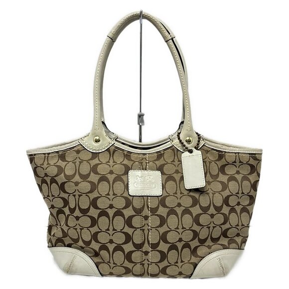 Auth COACH Bleecker Signature Tote 12369 Khaki Cream Jacquard Leather Tote Bag - Picture 2 of 11
